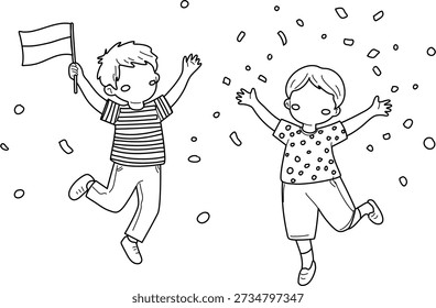 Two children are jumping with joy, one holds a flag, and confetti falls around them.