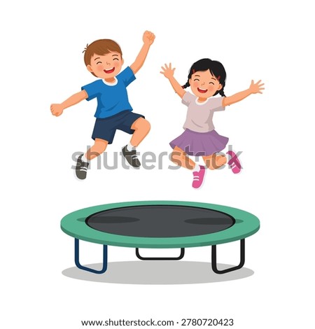 Two children jumping on a trampoline having fun playing outdoor sport activity