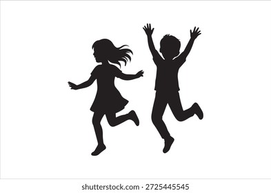 zwei Kinder springen und spielen glücklich zusammen in einer einfachen schwarzen Silhouette
