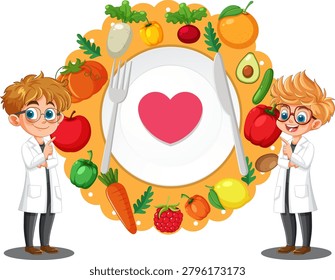 Two children in lab coats encourage healthy nutrition surrounded by colorful fruits and vegetables