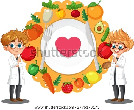 Two children in lab coats encourage healthy nutrition surrounded by colorful fruits and vegetables