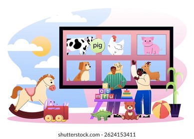 Two children learning about farm animals with toys and blocks, standing in front of a board showing animal pictures, cartoon style, indoor classroom scene. Vector illustration