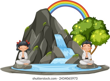 Two children meditating near a waterfall with rainbow