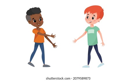 Two children meet to each other. Afro American boy going to shake the hand his new Caucasian friend. School friends have fun. Vector illustration isolated on white.
