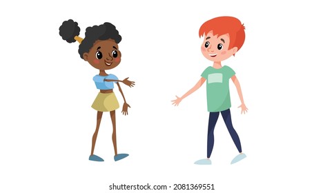 Two children meet to each other. Afro American girl going to shake the hand his new Caucasian  boy friend. School friends have fun. Vector illustration isolated on white.