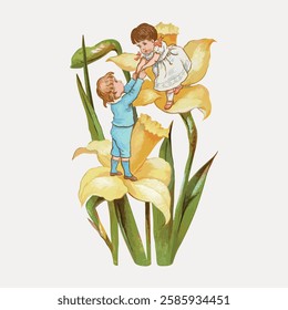 Two children on large yellow flowers. A boy helps a girl. Vintage illustration with children and flowers. Playful scene with children and nature. Vintage art illustration, vector.