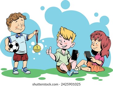 Two children and one boy with medal. 
Cartoon vector illustration of a teen boy shows his award and two children congratulate him .