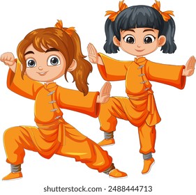 Dos niños con uniformes naranjas de artes marciales