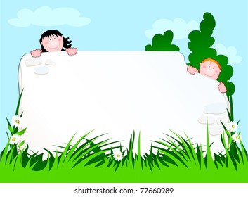 two children peering from behind a wall, vector