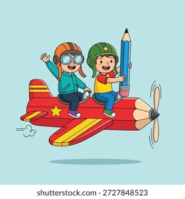 Zwei Kinder in Pilotenhelmen fahren fröhlich auf einem roten Flugzeug, das wie ein Bleistift geformt ist und durch den Himmel ragt.