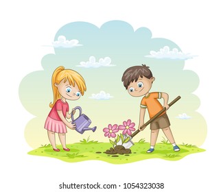 Two children are planting flowers