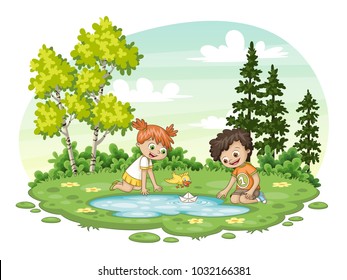 Two children play with a boat by al lake