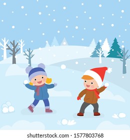 Two children play snowballs. Cartoon caucasian kids spend time outdoors. Happy friends, boy and girl characters. Winter park landscape background. Flat vector illustration