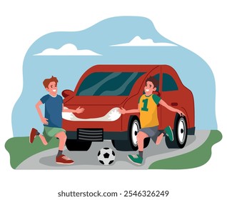 dos niños jugando con una pelota cerca de una carretera mientras se acerca un coche, cuidado y educación sobre la seguridad del tráfico y la concienciación de los niños. Ilustración vectorial.