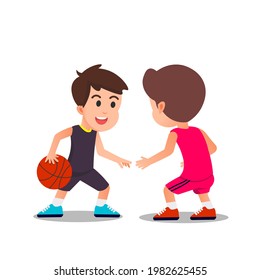 Two children playing basketball one on one