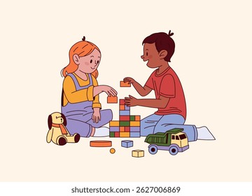 Two children playing with colorful blocks. African American boy and red-haired girl sitting on floor. Toy truck and plush dog nearby. Diverse group. Vector flat graphic illustration isolated on white