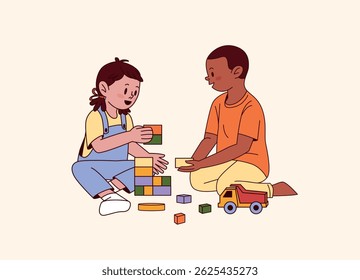 Two children playing with cubes and toy truck sitting on floor. African American boy. Diverse group of kids. Friendship and collaboration concept. Vector flat isolated illustration