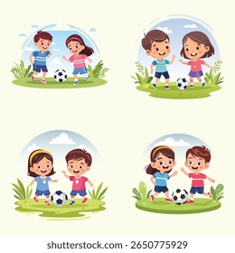 Two Children Playing Football on Grass – Minimalist Kids Illustration