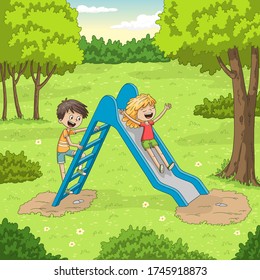 Two children are playing in the garden. Vector illustration with separate layers.