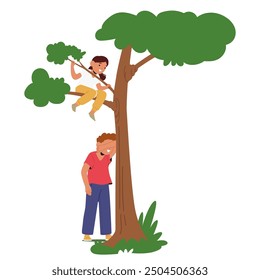 Two Children Playing Hide And Seek Outdoors. One Child Is Seeking By A Tree While The Other Climbs Up To Hide. Cartoon Vector Scene Captures Childhood Fun, Adventure, And The Joy Of Outdoor Activities