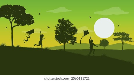 Two Children Playing Kites on a Beautiful Afternoon - Beautiful 2D Landscape Silhouette Wallpaper