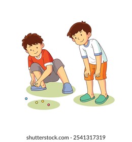 Dos niños jugando canicas felizmente