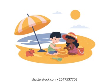 Dos niños están jugando en la playa, construyendo un castillo de arena juntos. Uno tiene un cubo y una pala, mientras que una sombrilla de playa proporciona sombra. Ilustración vectorial