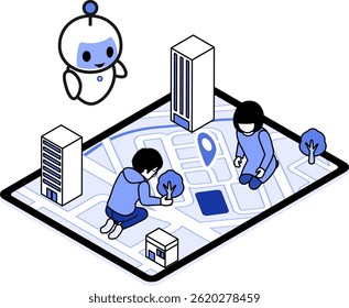 Two children playing on a giant tablet displaying a map application - Blue Monochrome