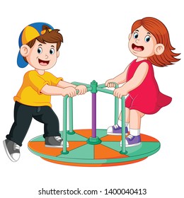 two children are playing on the round boat
