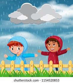 Dos niños jugando en la ilustración de la lluvia