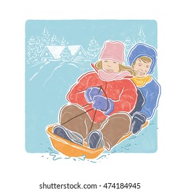 Two children playing ski board, childhood illustration