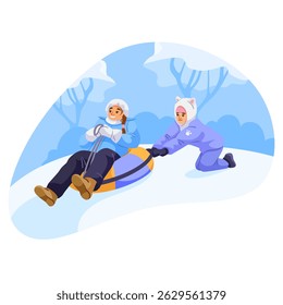Two children playing in snow, one sliding on a tube while the other pushes, cartoon style, winter background with trees. Concept of winter fun. Vector illustration