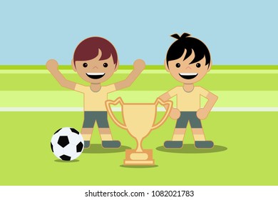 Two children playing with a soccer ball on the same team. Win the tournament cup. Flat style design