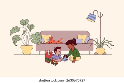 Two Children Playing Together On Floor With Toy Train And Doll. Dark Skinned Girl Included. Diverse Group. Indoor Activity In Baby Room. Flat Graphic Vector Illustration Isolated