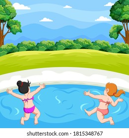 The two children are playing together in the pond near the garden 