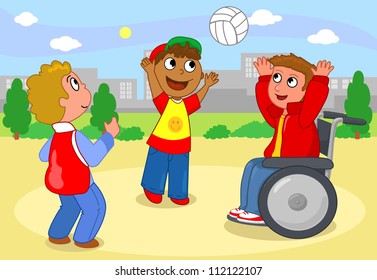 Two children playing volleyball with a boy on wheelchair.