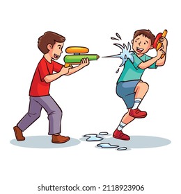 
Dos niños jugando con pistola de agua. Parecían felices.