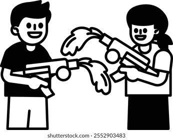 Dos niños están jugando con pistolas de agua