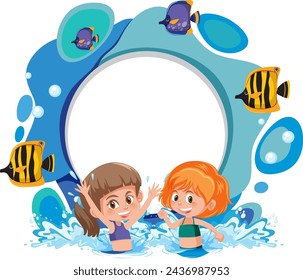 Two children playing in water surrounded by fish