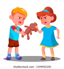 Two Children Quarrel Over A Toy Vector. Isolated Illustration
