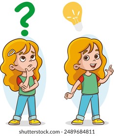 Two children, question marks and light bulbs, new good ideas. Design concept for children's projects and education. Drawing in flat cartoon style. Kids think and learn, vector illustration on white.