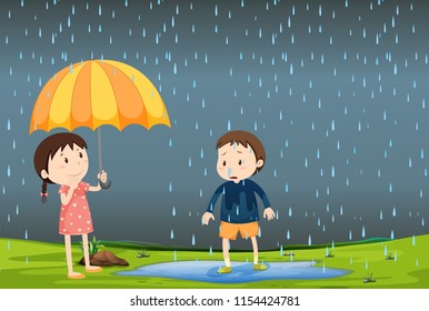 Two children in the rain illustration