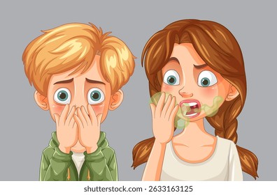 Two children reacting to unpleasant odor humorously