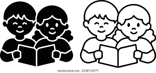 Duas crianças lendo livro juntas sorrindo feliz