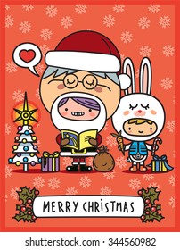 two children recite poems close to Christmas tree full of decorations and gifts.