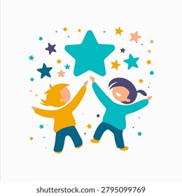 Two children, rendered in a flat vector style, reach upwards towards a large star. The composition features vibrant colors including teal, orange and yellow. The clean design is set against a white background, suggesting concepts of success and achievement suitable for various applications.