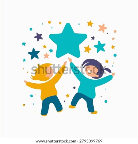 Two children, rendered in a flat vector style, reach upwards towards a large star. The composition features vibrant colors including teal, orange and yellow. The clean design is set against a white background, suggesting concepts of success and achievement suitable for various applications.