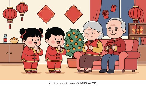 Two children respectfully greet their grandparents at home during the joyful Lunar New Year celebration.