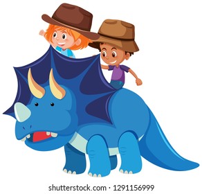 Two children riding dinosaur illustration
