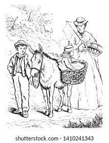 Two children riding donkey and woman with umbrella walking behind them, vintage line drawing or engraving illustration